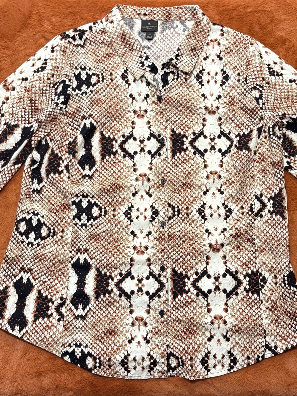 Worthington Woman Brown Black White Animal Print Collared Button-Up Top 1X